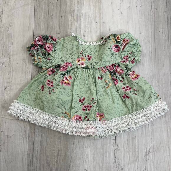 Vintage Jo Lene Floral Rose Lace Bow Dainty Girly Newborn Green Dress 0-3 Months - Picture 2 of 8